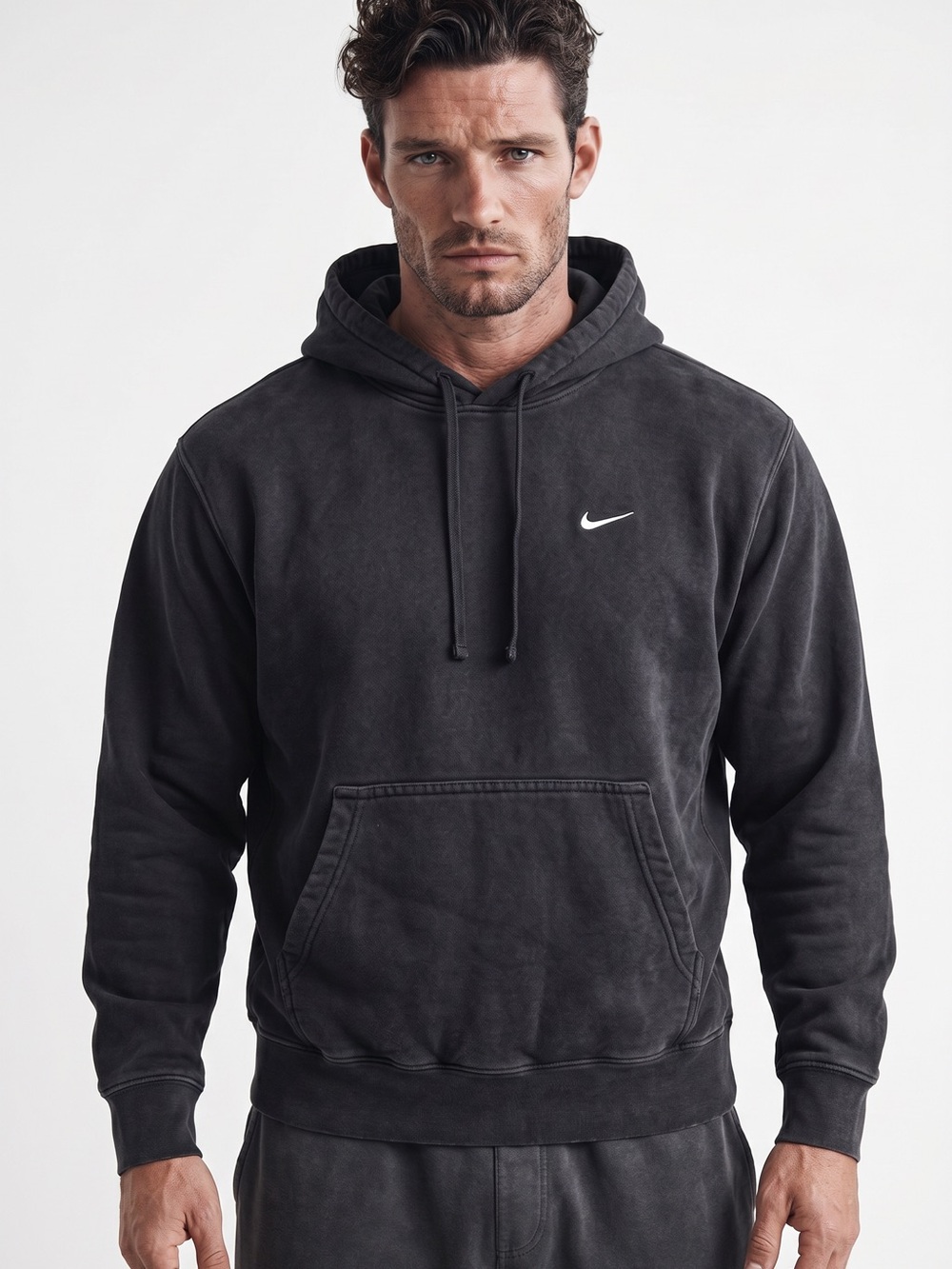 Nike Mens Medium Black Mini Swoosh Pullover Hoodie Faded Sportswear‎ Sweatshirt